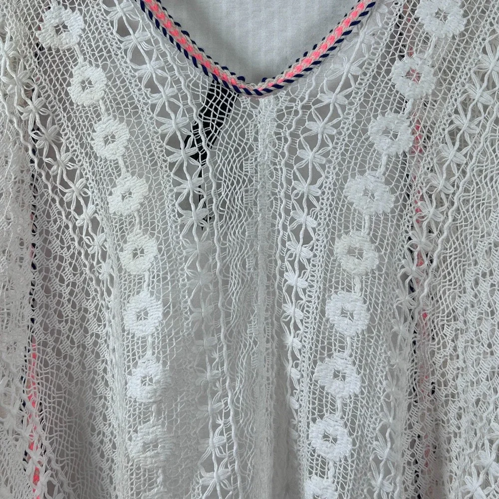 Express White Cotton Crochet‎ Neon Pink Tassels Open Swimsuit Cover Up One Size